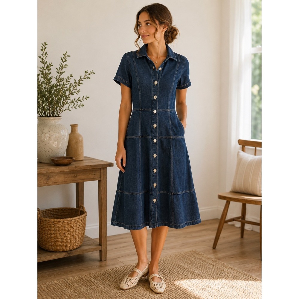 Free Assembly Denim Modest Midi Dress Dark Wash Button Front Short Sleeve  XS